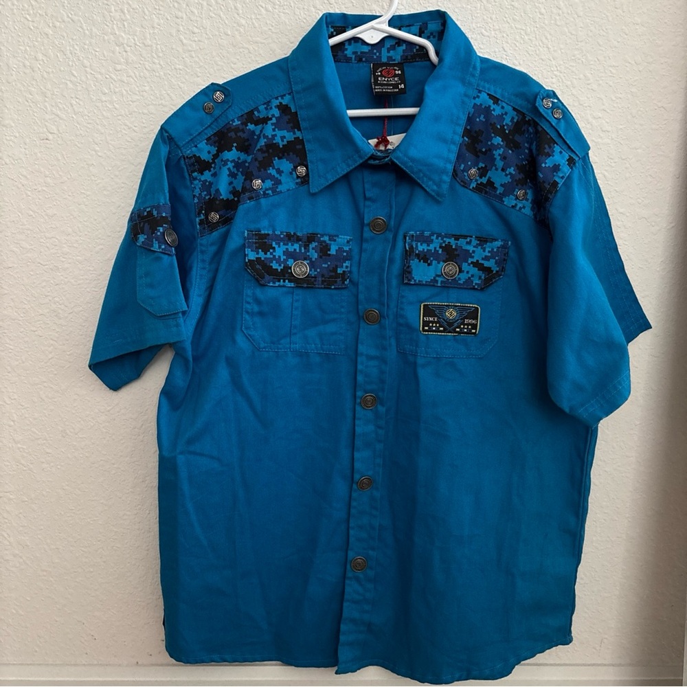 New, New York Enyce Boys Sz 14 Snap Up Shirt Blue Print Trim Pockets 100% Cotton